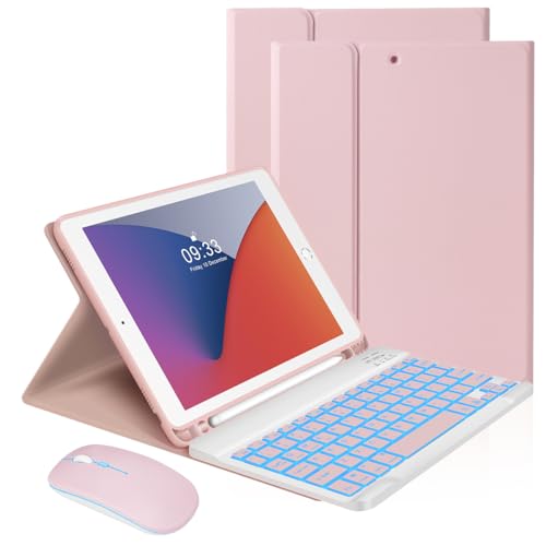 LAMA iPad キーボードケース マウス付き 10.2インチ 第9世代 第8世代 第7世代 /iPad Air 10.5インチ(第3世代)/iPad Pro 10.5インチ用 7色バックライト付き 着脱式 ペンシルホルダー付き ピンク