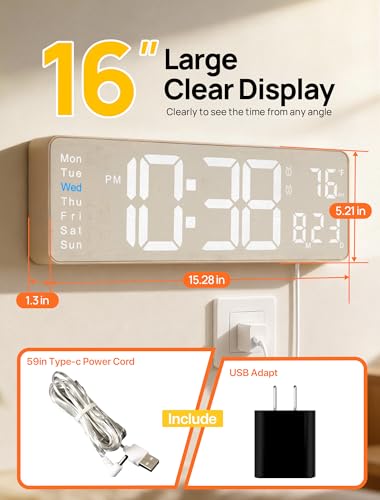 Image of MASHI 2026 Upgrade Digital Wall Clock, 16 inch Large Display Digital Clock with Remote Control, Auto-Dimming Wall Clock with Night Light, DST, Date Week,Temp for Living Room, Gift for Elderly (Beige)