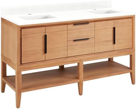 Signature Hardware 955226-60-rumb-1 Aliso 60" Console Teak Double Basin Vanity Set with Cabinet, Vanity Top, and Rectangular Undermount Sinks - Single Faucet Holes - Natural Teak/Feathered White