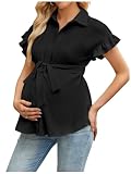 MakeMeChic Women's Maternity Nursing Blouse Ruffle Wrap Work Shirt Pregnancy Button Down Belted Tops Black...