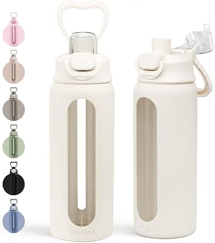 Glass Water Bottle with Silicone Sleeve 24oz with Lid, Motivational