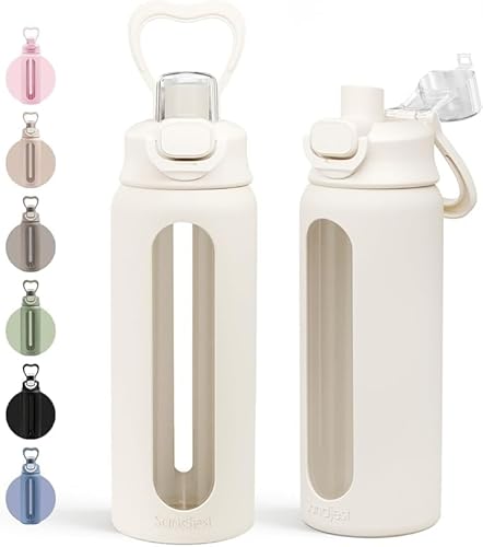 Glass Water Bottle with Silicone Sleeve 24oz with Lid, Motivational Time Marker, Drinking Hydration Glass Bottles for Men Women, Gym Travel Sports (Cream)