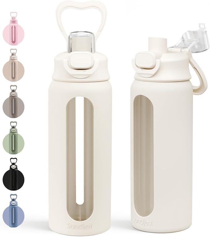 SANDJEST Glass Water Bottle with Silicone Sleeve 24oz with Lid Motivational Time Marker Drinking Hydration Glass Bottles for Men Women Gym Travel Sports (Cream)