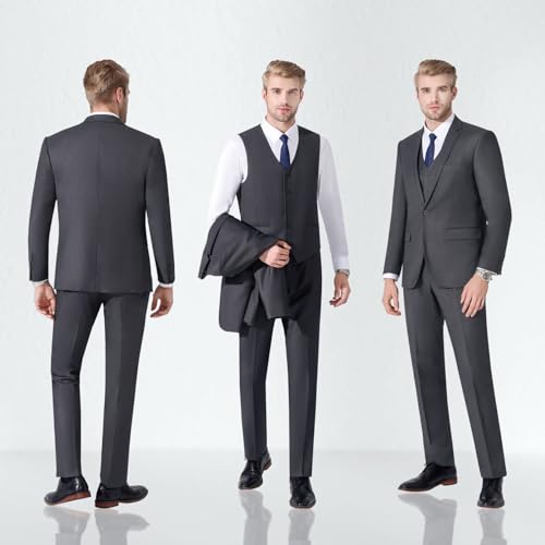 Image of LUPURTY Suits for Men, 3 Piece Men's Suit Slim Fit, Solid Jacket Vest Pants with Tie, One Button Tuxedo Set
