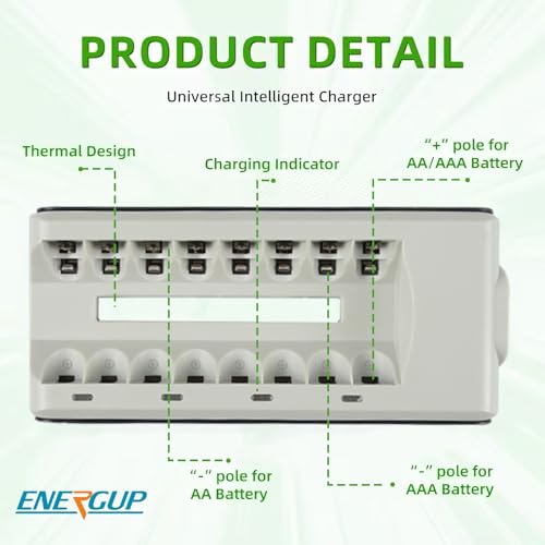 AA AAA Battery Charger, 8-Bay Individual Charger Rechargeable Batteries with AC Plug Fast Charging (AA 350mAh AAA 200mAh) by energup - Image 6