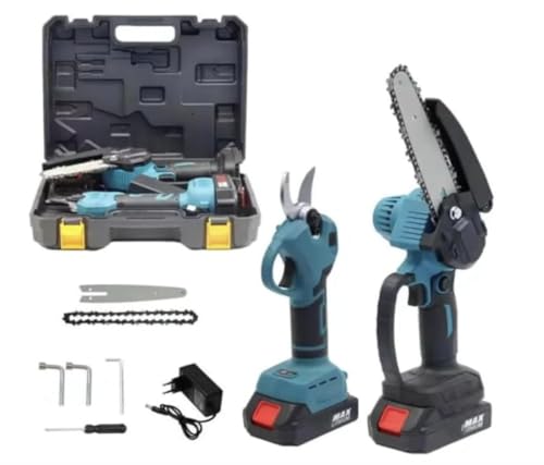Kit Potatura Elettrico a Batteria 2 in 1 – Mini Motosega + Forbici da Potatura – 2 Batterie Ricaricabili, Valigetta Rigida, Taglio Rapido per Giardino e Alberi