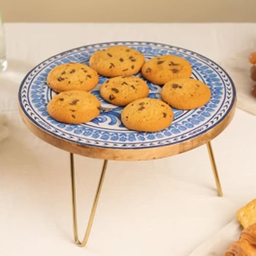 Image of RITUALISTIC Holland Delft Art Wooden Cake Stand with Metal Legs | Blue & White Dutch Folk Art | Round Dessert Display for Birthdays, Weddings & Events | Premium Home Decor Cake Tray | Unique Gifting