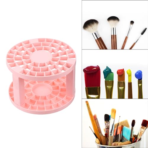 Image of PATIKIL 1pcs Paint Brush Holder, 49 Holes Plastic Paint Storage Desk Stand, Round, Pink