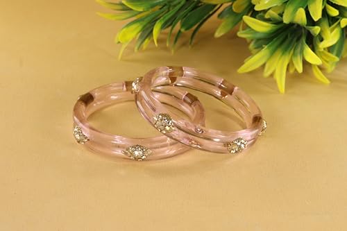 Image of NMII Diamond Glass Bangles Crystal Kada Set For Women & Girls Adorned with Golden Zircon Stones | Trending Girls Bangles Bracelet | Transparent Chudi Kangan For Wedding, Party, Daily, Ethnic- Set of 2