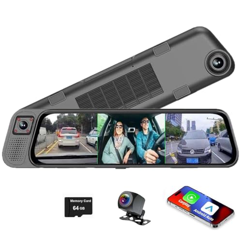 Dashcam mit 3 Kanälen, 2,5 K, mit CarPlay-Android-Projektion, 9,66 IPS-Vollbild-Rückspiegel, vorne innen und hinten, 1080p-Kameras, integriertes 5G WLAN, Bluetooth, Sprachsteuerung, AUX-Auto-DVR