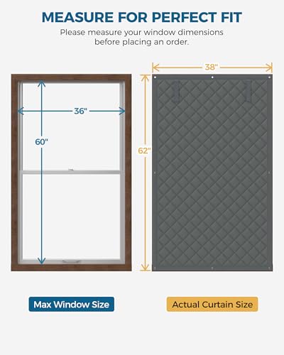 Augblinds Window Insulation for Winter, Curtain Size 38 x 62 Inch, Thermal Insulated Window Cover with Oxford Cloth Thicken Cotton Filled, Fits up to 3 x 5 Ft Windows, Grey