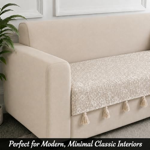Image of STITCHNEST 'Verdant Phool Stories' 2 Seater Sofa Cover| Elegant Jacquard Fabric, Decorative Tassels, Washable & Durable for Modern Living