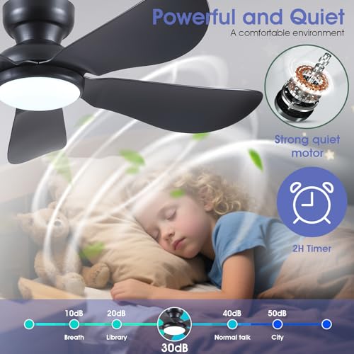 46 Inch Modern Ceiling Fans with Lights, Small Flush Mount Ceiling Fan with Light and Remote/APP Control, 5 Reversible 6 Speeds Curved Blades, 3 CCT Dimmable Lights for Bedroom, Black by Kviflon - Image 3