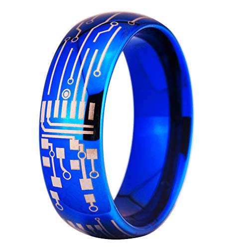 8mm Width Blue Dome Tungsten Carbide Ring Computer Circuit Pattern Ring Wedding Ring and Engagement Ring-Free Engraving Inside (9)