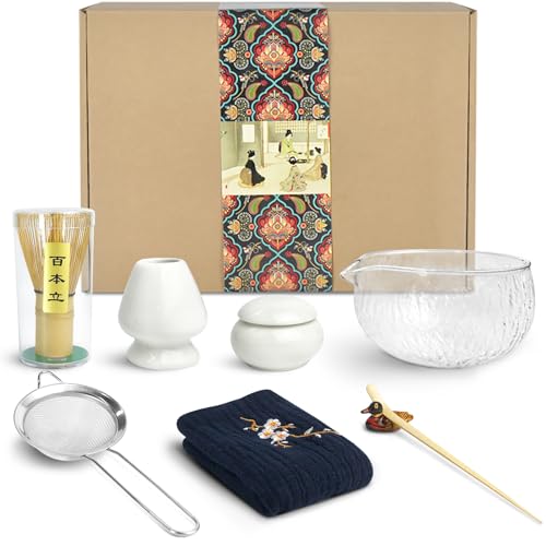 Artcome 9 Pcs Japanese Matcha Tea Set, Matcha Bowl with Pouring Spout, Whisk, Scoop, Holder, Powder Caddy, Handmade Ceremony Kit for Tea Ceremony (White)