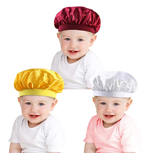 Wallfire 3 Packs Kids Satin Bonnets Night Caps, Toddler Satin Sleep Cap, Night Sleep Cap Showering Caps with Elastic Wide Band, Sleeping Hats for Kids Toddlers Baby Yellow+White+Wine Red