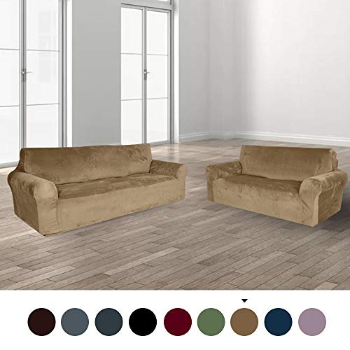 Golden Linens 2 Pcs Velvet Fabric Stretch 4 Way To Fit / Slipcovers Set, Couch/Sofa And Loveseat Cover, Furniture Protector# Jolan (Taupe) #TOP6