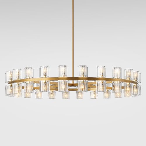 Image of Modern 48 inch Gold Round Chandelier Light Fixture,Crystal Chandeliers for Dining Room,Living Room, Wagon Wheel Chandelier Over Table, Chandeliers for Bedroom,Foyer,G4 Bulbs Included
