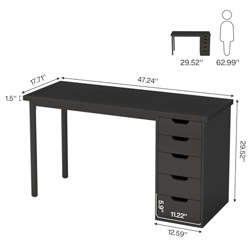 Image of Tribesigns Computer Desk with 5 Drawers, 47 inches Rustic Brown Home Office Desk with Storage, Modern Simple Laptop Desk Study Writing Table for Small Spaces (1, Black)