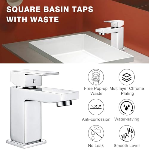 Hapilife Basin Taps Square with Pop up Waste Bathroom Sink Mixer Taps with UK Standard Hoses, Single Lever Hot and Cold Basin Mixer Tap for Bathrooms