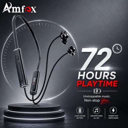 Image of Amfox Z5 Neckband, 72 Hours Play Time, 350 mAh Battery with IC Protection, 5.4v Bluetooth, 20Hz to 20 KHz Frequency Response, IP55 Protection, Magnetic On-Off, Stand-by Time 400 Hr, Black