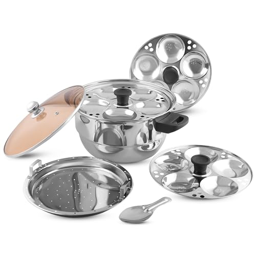 KSJONE Stainless Steel 5 pcs Multi Kadai with Glass See Through lid 3 idli Plates (15 Idlis) 1 Idly Spoon and 1 Steamer Plate Silver (Induction Friendly)