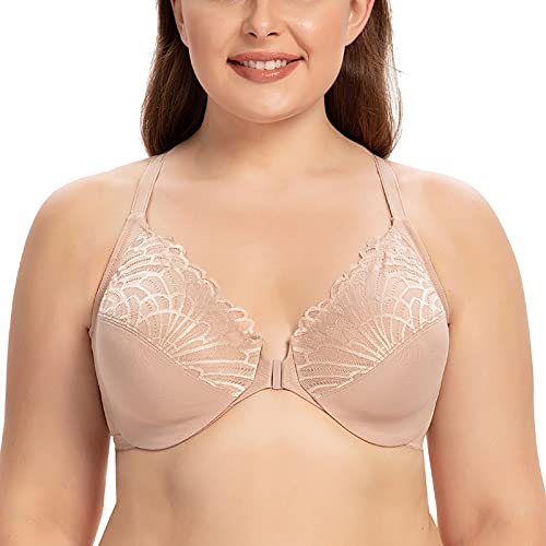 CASOLACE Femme avec Armature Grande Taille Brassière Fermeture Devant Soutien Gorge Beige 100B Cover