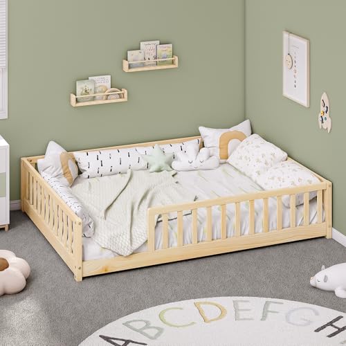 Zurefano Full Montessori Floor Bed with Rails Solid Wood Floor Bed Frame for Kids Montessori Bed with Slats No Box Spring Needed Natural