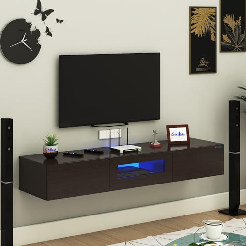 Image of Anikaa Lucen Wall Mount Modern Floating TV Unit for Living Room | 3 Closed Storage cabinets with hinged Door - Blue Color LED Light | Ideal for UP to 65 Inch TV (Wenge Finish - DIY Installation)