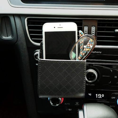 Image of Car Auto Air Vent Leather Tidy Storage Hanging Bag Case Organizer for Keys, Coin, Cell Phone & Glasses. Universal Vehicle Small Bucket with Hook. Keep Your Car Organized | Pack 2 | Black