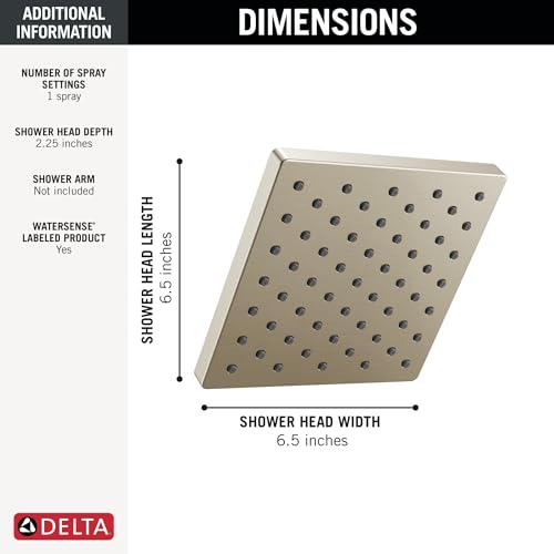 Image of Delta Modern Single Spray Brushed Nickel Shower Head, 6 Inch Square Shower Head, 1.75 GPM Flow Rate, Satin Nickel 52403-SN
