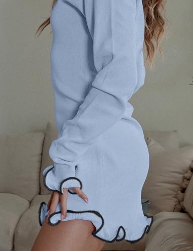 Image of ISZPLUSH Women's Sexy Bodycon Ruffle Hem Knit Dress Crew Neck Long Sleeve Slim Club Party Mini Dress