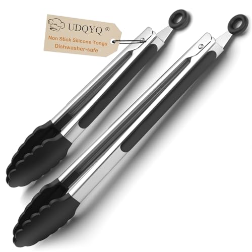 Stainless Steel Kitchen Tongs Set with Silicone Tips - Heat Resistant Locking Tongs - 9 & 12 Inch (Black)