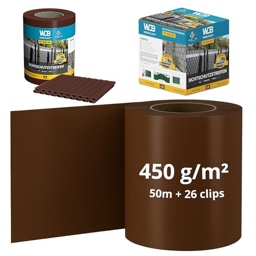 WDB - Sichtschutzstreifen für Doppelstabmatten Sichtschutz Zaun - 19 cm x 50 m + 26 Stück Befestigungsclips - PVC Windschutz Basic Line - Braun - RAL 8011