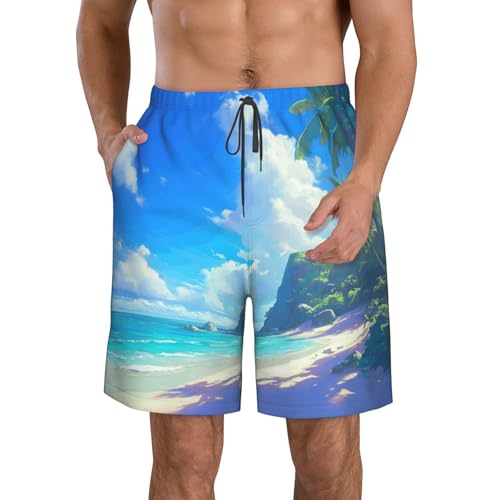 Beach and Palm Tree Print Mens Casual Shorts Drawstring Summer Beach Stretch Shorts Novelty Swimtrunks