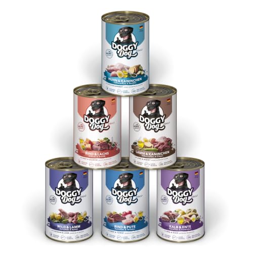 DOGGY Dog Paté Mix 1, 6 x 400 g, Nassfutter für Hunde im Probierpaket, getreidefreies Hundefutter mit Lachsöl und Grünlippmuschel, Alleinfuttermittel mit hohem Fleischanteil, Made in Germany