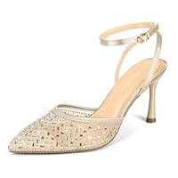 PIZZ ANNU Tacchi Donna Sexy Decollete a Punta Chiusa Scarpe con Tacco Tacchi a Spillo con Strass Sandali con Cinturino alla Caviglia Beige EU 38