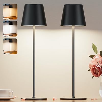 Cordless Table Lamp Rechargeable Black - KK 2 Pack 5000mAH Battery Operated Lamp for Counter, 3 Color Stepless Dimming Waterproof LED Wireless Lamp for Dining Kitchen, Outdoor Patio, Touch Control