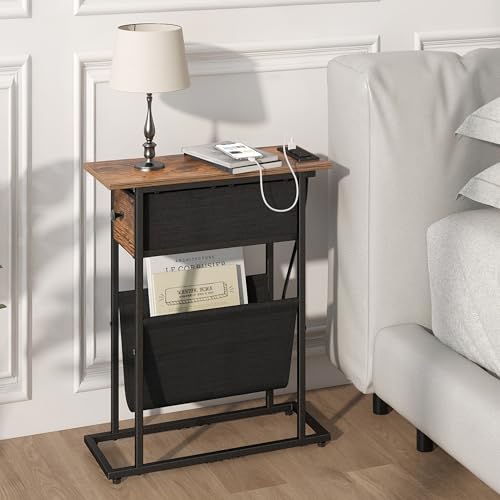 Image of EXOTICA Small Narrow End Table with Charging Station and USB Ports Slim Sofa Side Table with Fabric Drawer Record Stand Vinyl Regal Storage for Small Space in Living Room Bedroom Rustic Brown