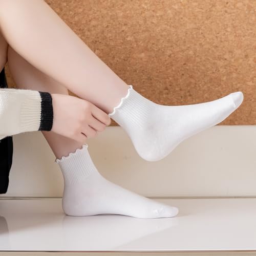 TIESOME 6 par skarpet z falbanami damskie, falbany mankiet na co dzień urocza dziewczyna skarpety z falbanką oddychające bawełniane skarpety do kostek z falbanką, 6 kolorów, 69-73 EU