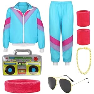 HBWHNIU Déguisement Année 80 Homme Femme, Survêtement Rétro Années 80, Veste Et Pantalon avec Accessoire, Costume Jogging, Deguisement Disco, Deguisement Bad Taste, pour Carnaval Halloween Fête (M)