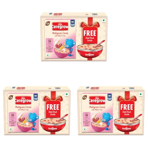 Image of CEREGROW with NO Refined Sugar, Multigrain Cereal with Milk & Fruits, Source of 19 Nutrients (Iron, Omega 3, Protein, Calcium), Free Steel Bowl, 300g, Bag-in-Box Pack (Pack of 3)