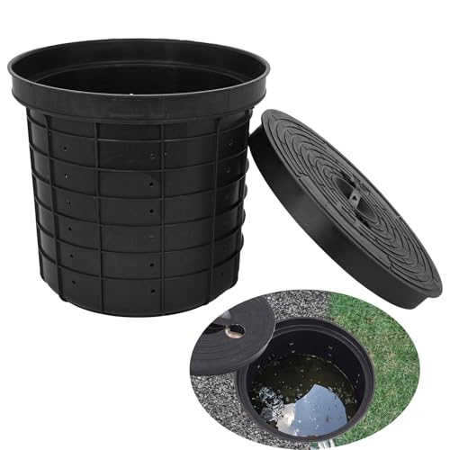 Nisorpa Perforated Sump Basin with Lid, 68 L Sump Pump Bucket Sump Pump Basin Perforated with 48 Drilled Holes for Yards Patios Driveways Crawl Spaces Garage(Black,17.7 x 16.9 x 15.7 Inch)