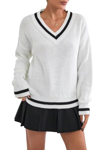 Long Sleeve V-Neck Sweaters for Women Casual Loose Fit Striped