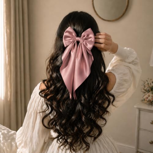 Image of 2 Pack Off White and Pink - Bows for Women, Clips for Womens - Hair Clips for Womens - Luxury Satin Hair Bow Clips for Women and Girls, Cute Hair Accessories for Girls