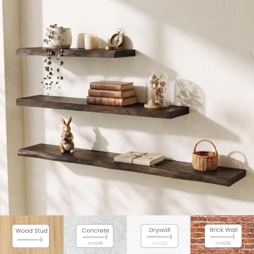 Image of Live Edge Elm Floating Shelves - 40 In Rustic Solid Wood Shelves with Heavy-Duty Invisible Bracket, Wall-Mounted Wooden Shelf for Living Room, Bathroom, Kitchen Storage & Display, Set of 2, Walnut