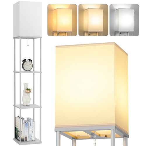 FOLKSMATE Floor Lamp with Shelves, 3-Tier Modern Square Bookshelf Floor