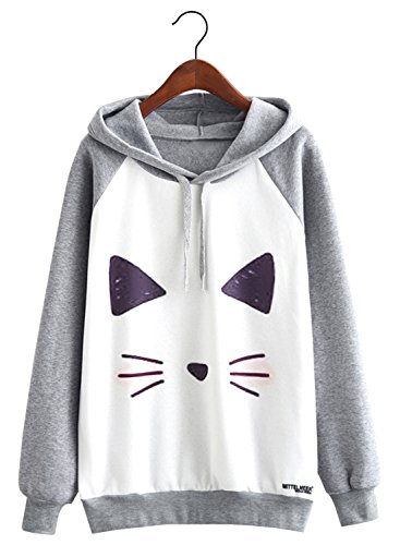 futurino Women's Funny Animal Print Long Sleeve Fleece Lined Hoodie Pullover Tops, Cat Face, M