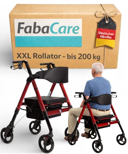 FabaCare XXL Rollator Goliat, höhenverstellbar, faltbar, mit Sitz und Rückenlehne, Tasche, Gehwagen, Rollwagen, bis 200 kg, Farbe Rot