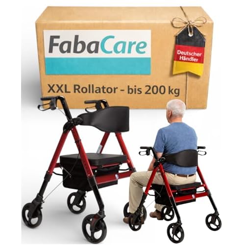 FabaCare XXL Rollator Goliat, höhenverstellbar, faltbar, mit Sitz und Rückenlehne, Tasche, Gehwagen, Rollwagen, bis 200 kg, Farbe Rot